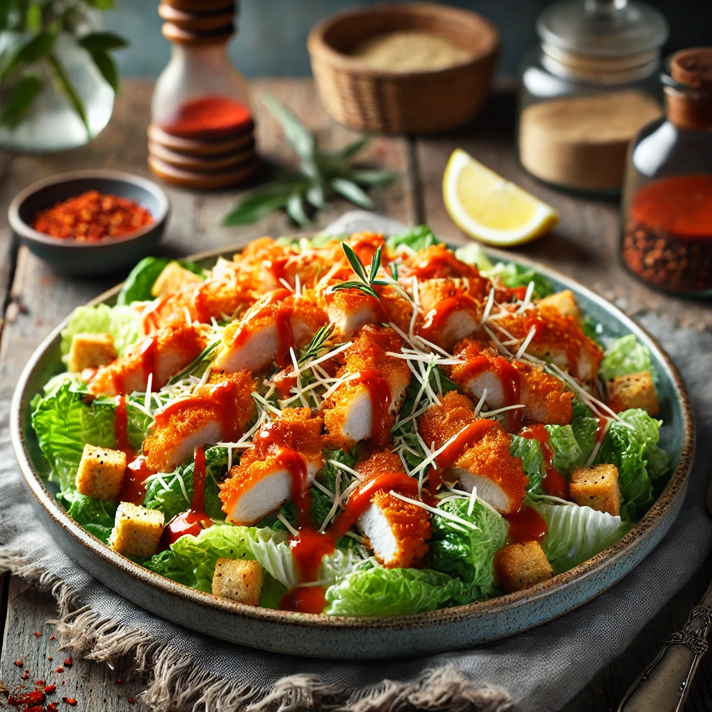 Knapperige Buffalo-kip Caesar salade met romaine sla, Parmezaanse kaas, croutons en een pittige saus, geserveerd op een rustieke houten tafel.