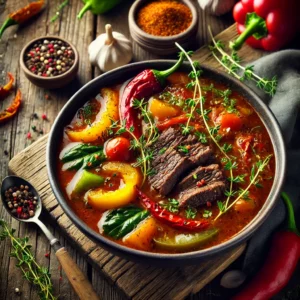 Rich, deep-colored broth filled with tender steak pieces, vibrant bell peppers, leafy greens, and root vegetables, infused with Caribbean spices and garnished with fresh thyme.