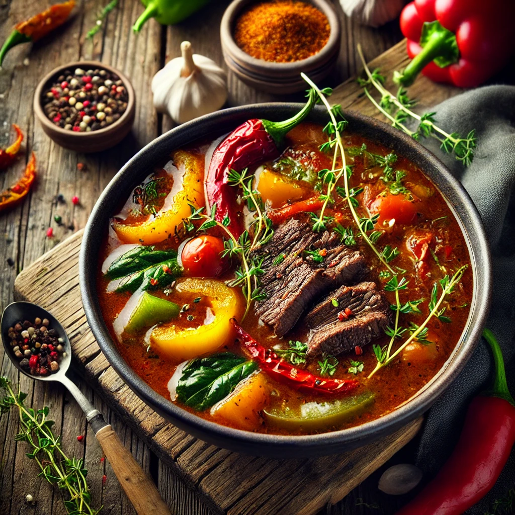 Rich, deep-colored broth filled with tender steak pieces, vibrant bell peppers, leafy greens, and root vegetables, infused with Caribbean spices and garnished with fresh thyme.