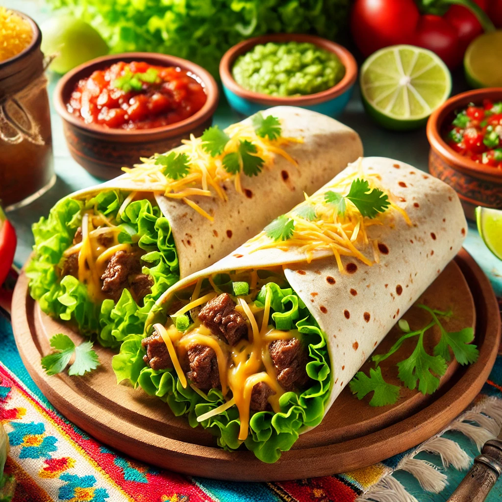 Cheesy Beef Burrito placed on a colorful Mexican-themed table setting. The burrito is made with a whole wheat tortilla, filled with tender beef strips, melted cheese, and crisp iceberg lettuce. Surrounding the dish are vibrant garnishes including lime wedges, a bowl of salsa, and fresh cilantro, all presented in a bright and cheerful atmosphere with rustic wooden elements.