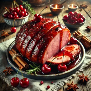 A glazed spicy cherries jubilee ham with a rich cherry sauce, caramelized surface, and garnished with fresh cherries and cinnamon sticks on a rustic wooden table. Slices of ham are drizzled with sauce, revealing a tender, juicy texture. The setting has soft, natural lighting with a cozy napkin and a sprig of rosemary for a warm, inviting touch.