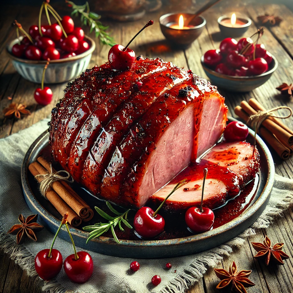A glazed spicy cherries jubilee ham with a rich cherry sauce, caramelized surface, and garnished with fresh cherries and cinnamon sticks on a rustic wooden table. Slices of ham are drizzled with sauce, revealing a tender, juicy texture. The setting has soft, natural lighting with a cozy napkin and a sprig of rosemary for a warm, inviting touch.
