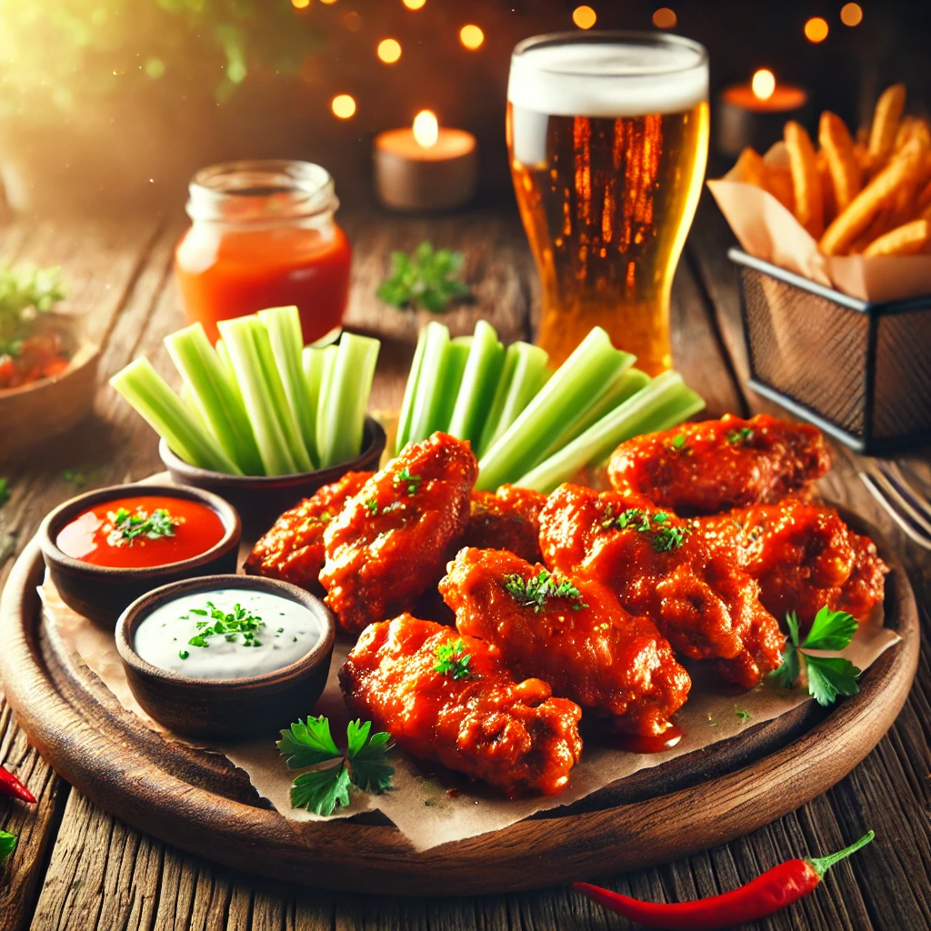 Spicy Chicken Wings on a rustic wooden platter, featuring crispy, deep-fried wings coated in spicy buffalo sauce. Served with ranch dressing and celery sticks, set on a wooden table with a glass of beer and a basket of fries in the softly blurred background.