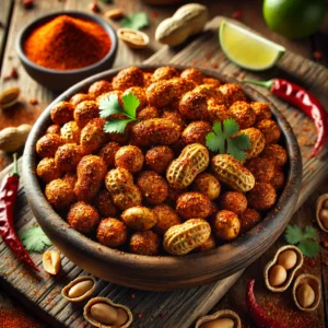 Spicy chili roasted peanuts in a wooden bowl, coated with chili seasoning, garnished with smoked paprika and cilantro, surrounded by peanuts, chili flakes, and lime wedges on a wooden table.