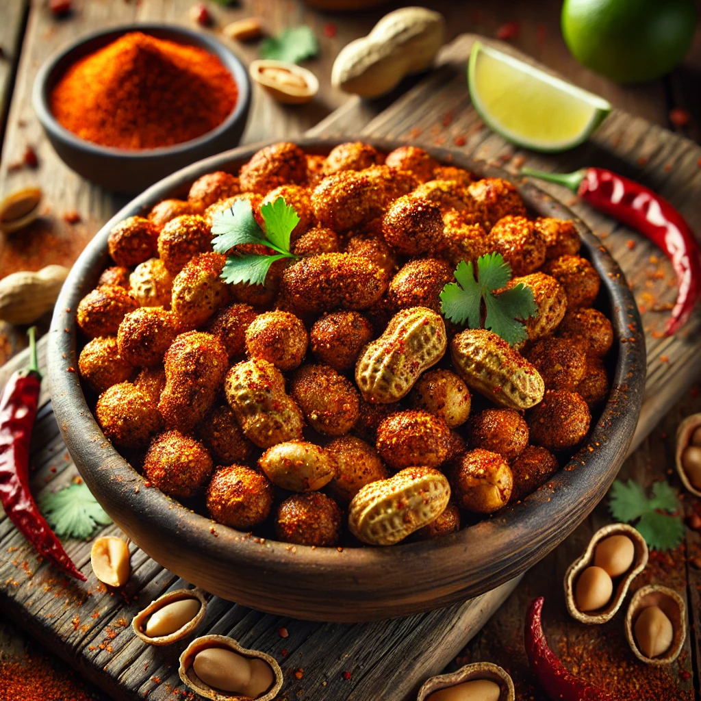 Spicy chili roasted peanuts in a wooden bowl, coated with chili seasoning, garnished with smoked paprika and cilantro, surrounded by peanuts, chili flakes, and lime wedges on a wooden table.