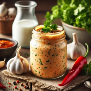 A small glass jar filled with creamy spicy chipotle ranch dressing, rich orange in color and speckled with herbs and chipotle flakes, surrounded by chipotle peppers, garlic, fresh parsley, and buttermilk, on a rustic wooden table with a bowl of salad greens and a spoon nearby in soft natural light.