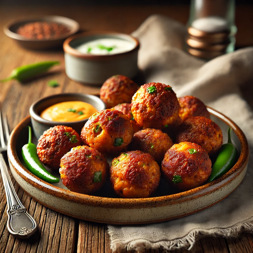 A plate of Spicy Chorizo Breakfast Bites, golden-brown and crispy on the outside, served on a rustic ceramic dish. The bite-sized sausage balls are made with chorizo, cheddar cheese, and green chiles, giving them a rich, flavorful appearance. They are garnished with fresh parsley and accompanied by a small dish of creamy dipping sauce. The plate sits on a rustic wooden table, with a fork and linen napkin nearby. Warm, natural lighting enhances the inviting, homemade feel.