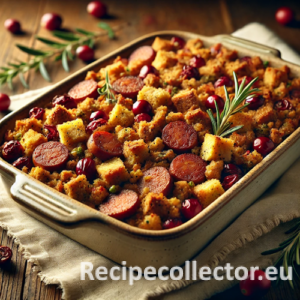Golden cornbread stuffing with soy chorizo and cranberries baked in a rustic dish on a wooden table with holiday herbs and soft natural light.