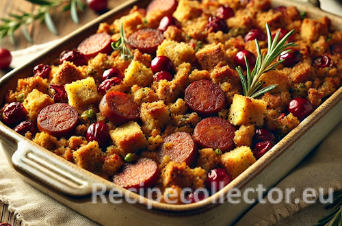 Golden cornbread stuffing with soy chorizo and cranberries baked in a rustic dish on a wooden table with holiday herbs and soft natural light.