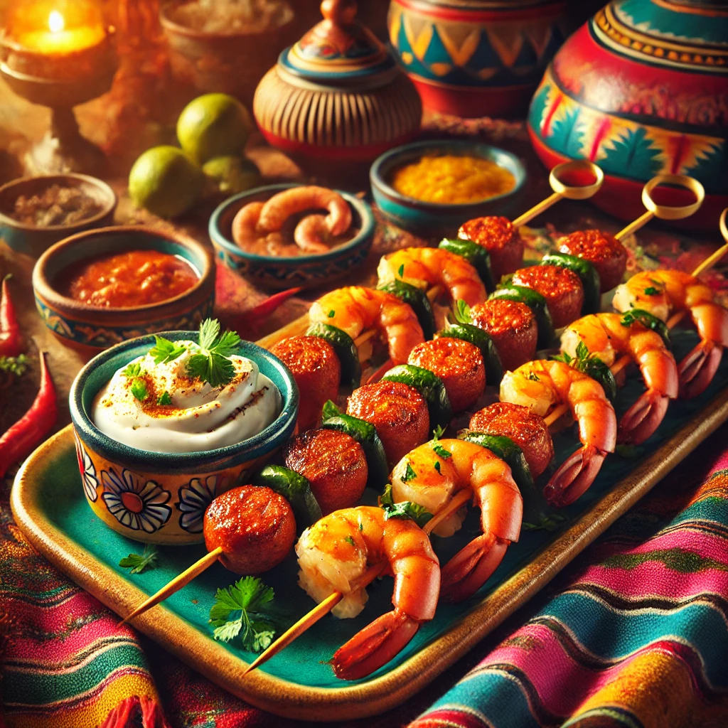 Chorizo and prawn skewers featuring golden-brown mini chorizo sausages and plump, harissa-seasoned prawns, arranged on a colorful Mexican-style ceramic platter. A small bowl of garlic mayo-yogurt dip garnished with parsley is placed nearby. The scene includes vibrant Mexican textiles and pottery, with warm lighting highlighting the rich textures and colors, creating an inviting appetizer presentation.
