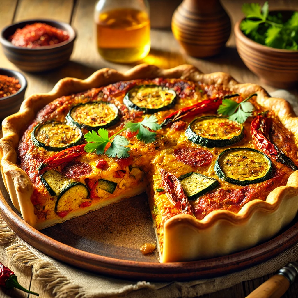 Spicy Chorizo Veggie Pie on a rustic ceramic plate, featuring a golden, flaky crust filled with spicy chorizo, sautéed bell peppers, onions, and zucchini. Garnished with cilantro and red pepper flakes, set on a wooden table with a bowl of salsa and a glass of iced tea in the softly blurred background.