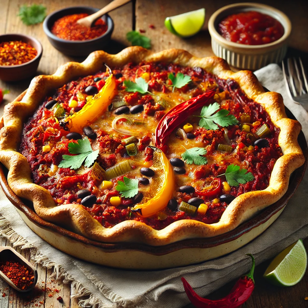 A Spicy Chorizo Veggie Salsa Pie with a golden crust, filled with plant-based chorizo, black beans, bell peppers, and salsa, topped with vegan cheese, cilantro, and red chili flakes, served in a rustic pie dish with lime wedges and salsa nearby.