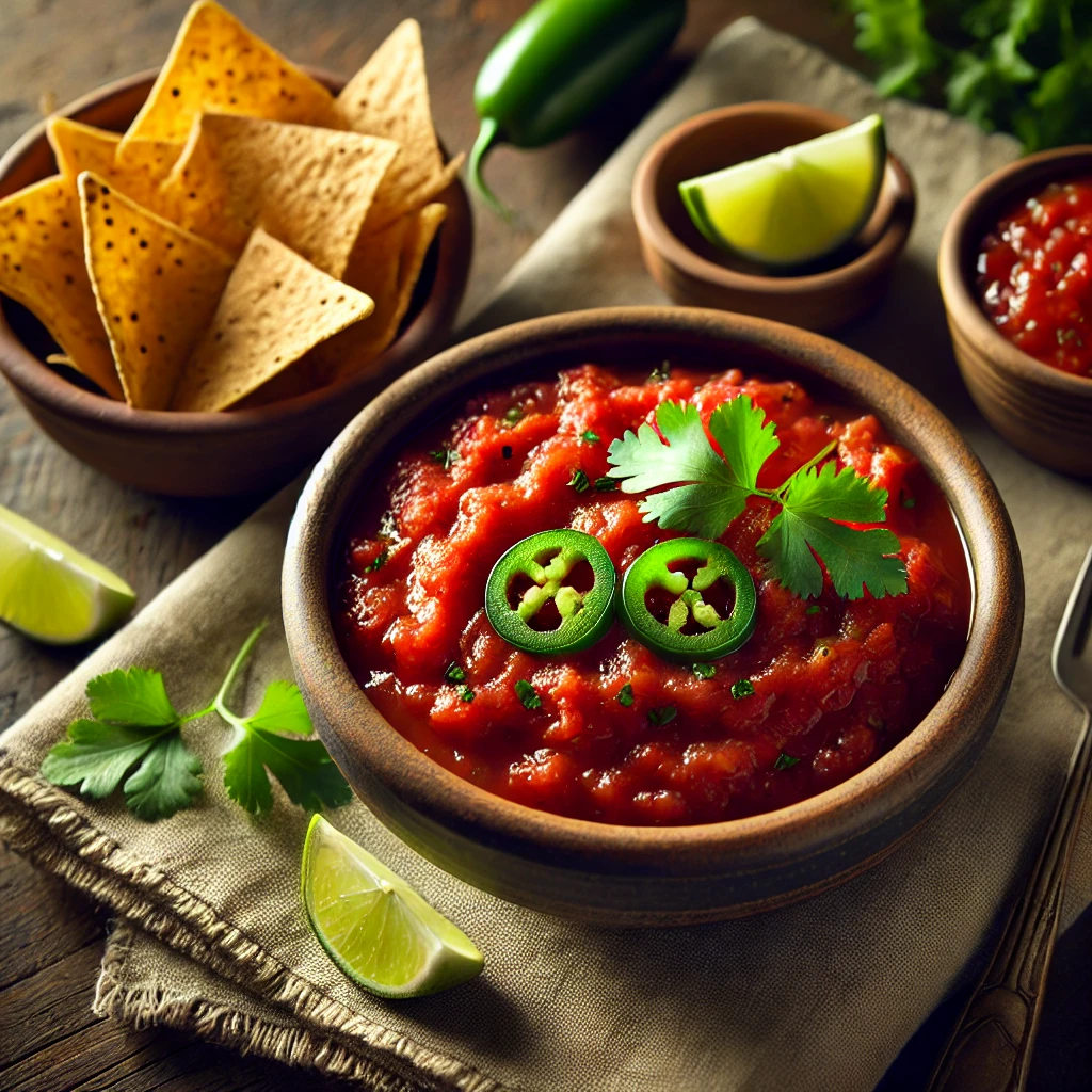 A vibrant bowl of Suave Cooked Salsa with a rich, deep red color and a smooth yet slightly chunky texture. The salsa is garnished with fresh cilantro and a squeeze of lime. It is served in a rustic ceramic bowl on a wooden table, accompanied by crispy tortilla chips, a small dish of extra jalapeños, and a linen napkin. Warm, natural lighting enhances the inviting textures and colors.