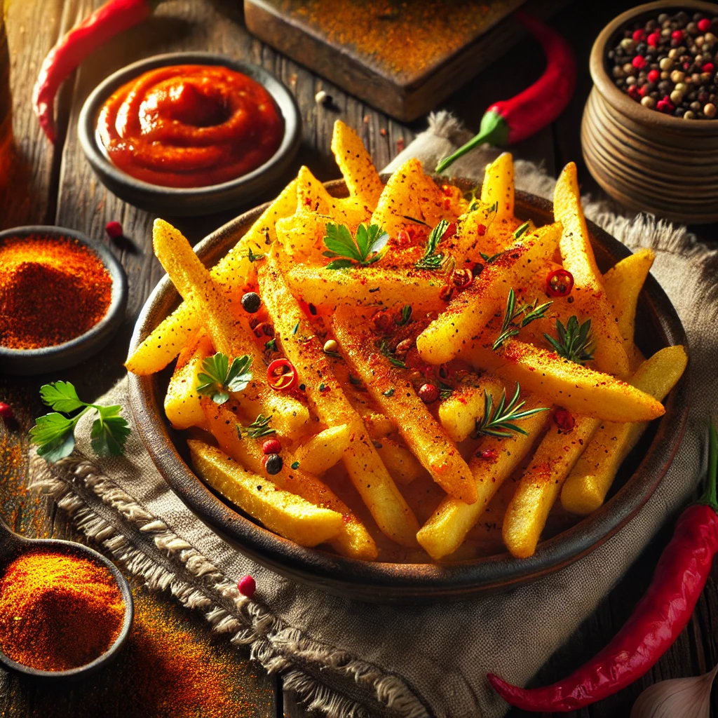 A bowl of golden, crispy spicy frites seasoned with chili powder and fresh herbs, served with a side of spicy dipping sauce on a rustic wooden table with spices and a cold drink in the background.