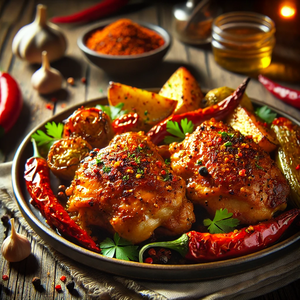 Juicy, golden-brown chicken thighs coated in a bold, spicy marinade with paprika, mustard, and chili, garnished with fresh parsley, served with roasted potatoes and grilled vegetables.