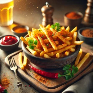 Spicy Frites in a rustic wooden bowl, featuring crispy, golden French fries seasoned with chili powder, paprika, cayenne pepper, and garlic salt. Garnished with parsley, set on a wooden table with spicy aioli, ketchup, a glass of cold beer, and extra seasoning in the softly blurred background.