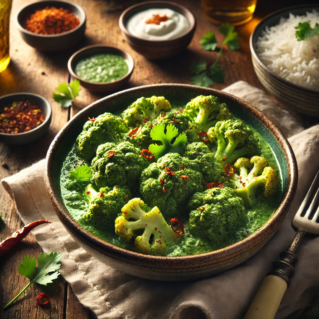 A bowl of spicy green cauliflower masala with cilantro and red chili flakes, served on a rustic wooden table with basmati rice and yogurt in the background.