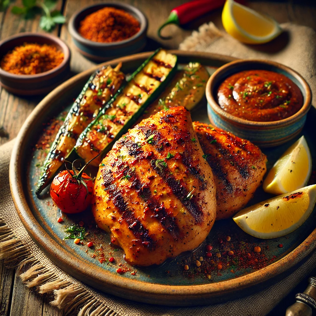 A beautifully plated dish of Spicy Grilled Chicken, featuring juicy, boneless chicken fillets grilled to perfection with a deep red and golden spice rub. The chicken has a slightly charred exterior and is garnished with fresh herbs. Served on a rustic ceramic plate, accompanied by grilled vegetables, a side of dipping sauce, and lemon wedges. The plate rests on a wooden table, with soft, warm lighting enhancing the inviting and flavorful presentation.
