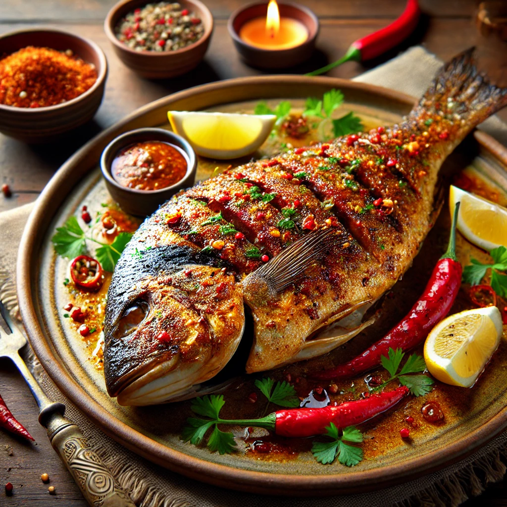 A beautifully plated Spicy Grilled Fish, featuring a whole fish grilled to perfection with a rich, spiced marinade. The fish has a crispy, slightly charred exterior with deep red and golden hues from chili, turmeric, and roasted spices. It is garnished with fresh herbs and served on a rustic ceramic plate. A side of lemon wedges, grilled vegetables, and dipping sauce accompany the dish. The plate rests on a wooden table, with soft, warm lighting enhancing the inviting and flavorful presentation.