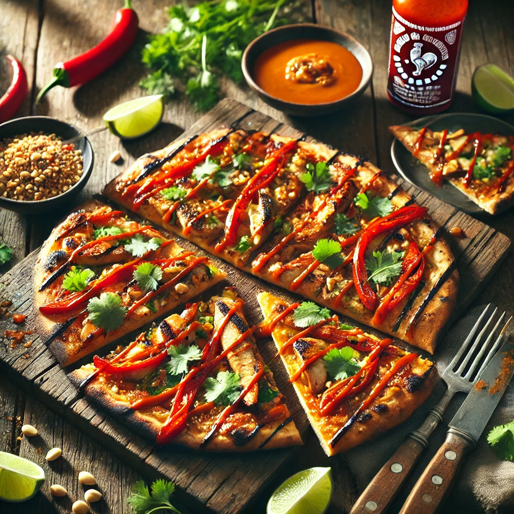A rustic presentation of spicy grilled Thai pizza, elegantly arranged on a wooden table. The pizza has a crispy, charred crust topped with a spicy peanut sauce, grilled chicken, thinly sliced red bell peppers, and fresh cilantro. A drizzle of sriracha and crushed peanuts add extra flavor and texture. A few slices are cut and placed on a wooden cutting board, showcasing the vibrant toppings. Scattered around are lime wedges, fresh cilantro sprigs, and a small dish of extra peanut sauce. Soft natural lighting enhances the warm and inviting feel, with gentle shadows and a hint of rustic kitchen elements in the background.