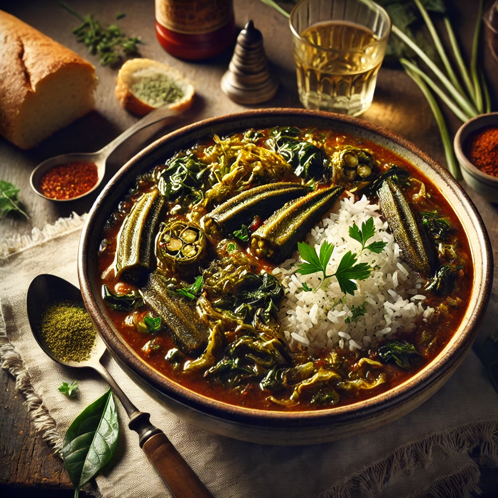 A bowl of Spicy Gumbo Z'Herbes with a dark roux base, okra, cabbage, and spinach, served over rice and garnished with parsley, set on a rustic table with bread and white wine in the background.