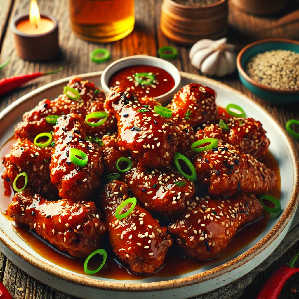 A beautifully plated dish of Spicy Honey Garlic Chicken Wings served on a rustic wooden table. The dish features crispy, golden-brown chicken wings coated in a rich, sticky honey garlic sauce with a spicy kick. Garnished with sesame seeds and finely chopped green onions. Served in a white ceramic dish with a side of cooling dipping sauce. The warm wooden table is more visible, providing a cozy and inviting setting.