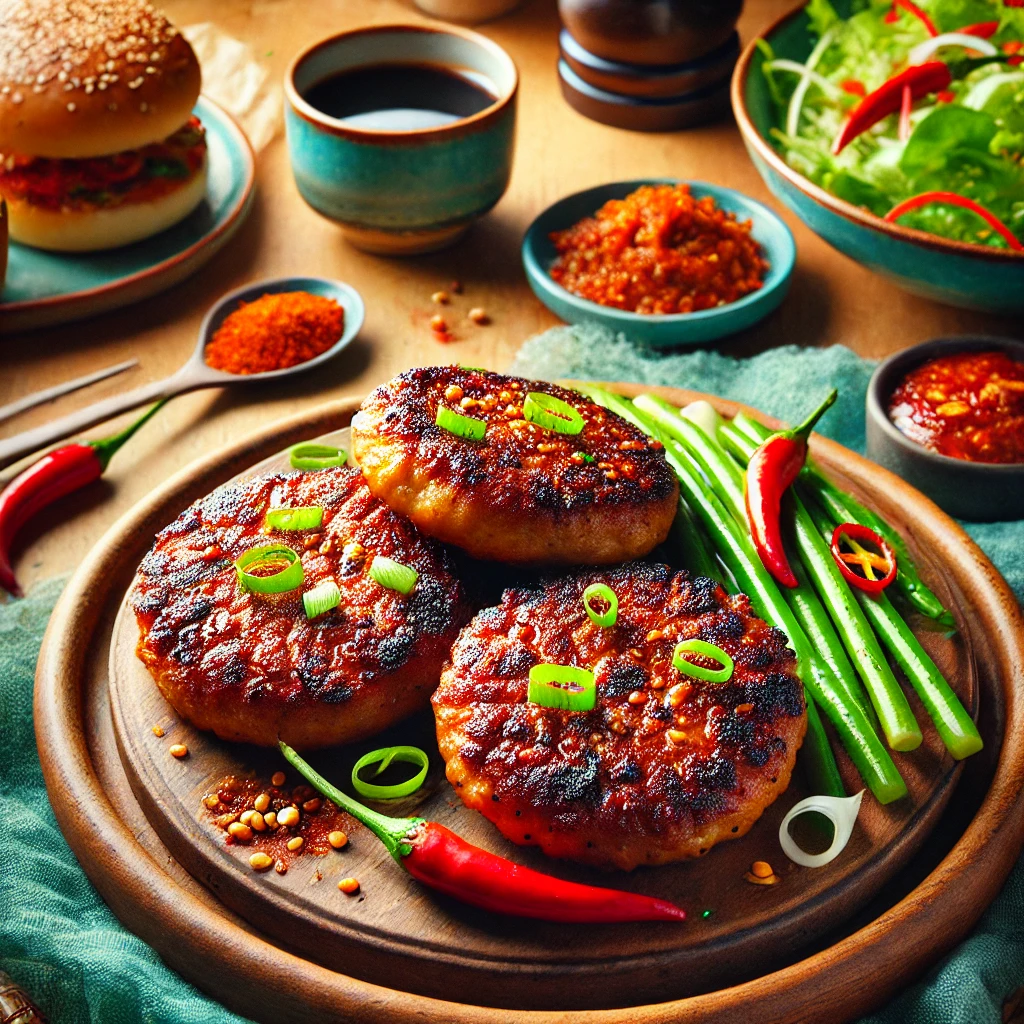 Freshly cooked Korean-Style Breakfast Patties on a rustic plate, garnished with chopped scallions and a sprinkle of Gochugaru chili powder. The patties are served in a warm, inviting breakfast setting with optional hamburger buns, fresh salad greens, and a steaming cup of coffee, emphasizing the spicy and savory flavors of the dish.