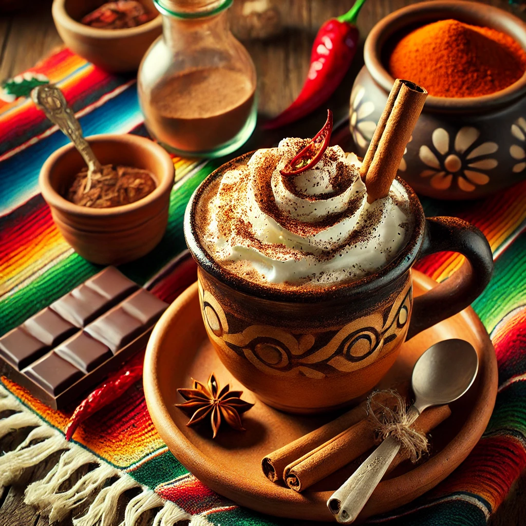 A rich and vibrant scene featuring a Spicy Mexican Hot Mocha served in a rustic clay mug, topped with whipped cream, a sprinkle of cocoa powder, and a cinnamon stick. The setup includes a colorful Mexican-style tablecloth, a small dish of chili powder, a piece of dark chocolate, and a few cinnamon sticks, illuminated by bright natural light to emphasize the warm and spicy appeal of this comforting drink.