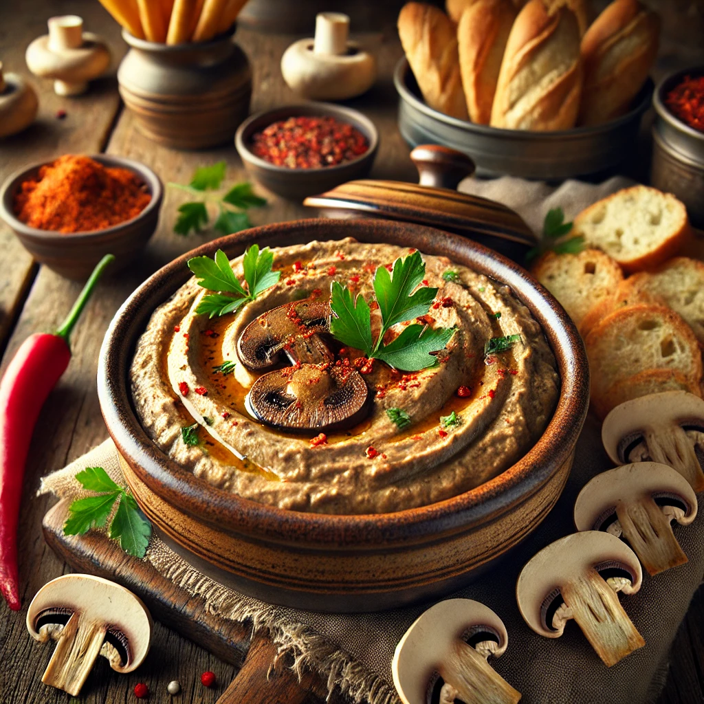 Spicy mushroom pâté in a rustic bowl, garnished with chili flakes, fresh parsley, and olive oil, served with crusty baguette slices, crackers, and vegetable sticks on a warm wooden table in a cozy setting.
