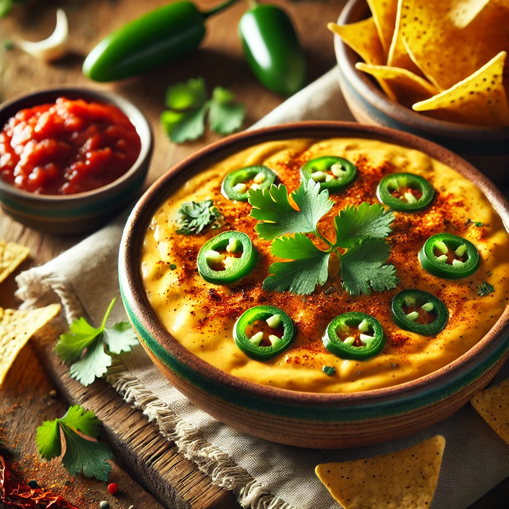 Spicy nacho queso in a rustic bowl, garnished with diced jalapeños, cilantro, and smoked paprika, surrounded by tortilla chips and a bowl of salsa on a wooden table.