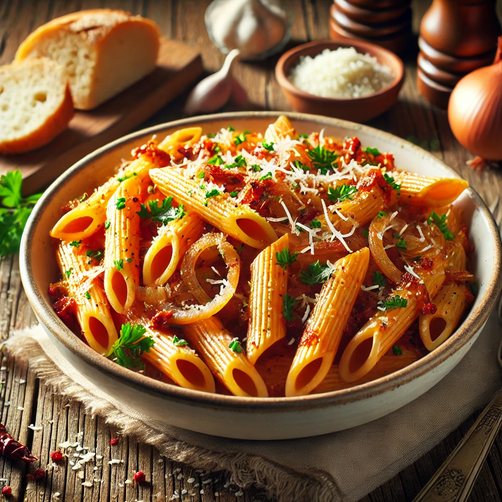 A beautifully plated dish of Spicy Onion Penne served on a rustic wooden table. The dish features al dente penne pasta tossed in a bold, spicy tomato sauce infused with sautéed onions, garlic, and red pepper flakes. Garnished with freshly chopped parsley and grated Parmesan cheese. Served in a white ceramic bowl with a side of crusty bread. The warm wooden table and softly blurred background enhance the inviting Italian-inspired presentation.