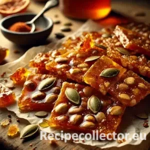 Close-up of spicy pepita brittle pieces on parchment paper, showing golden caramel color, glossy texture, and embedded pumpkin seeds, with a warm rustic kitchen background.