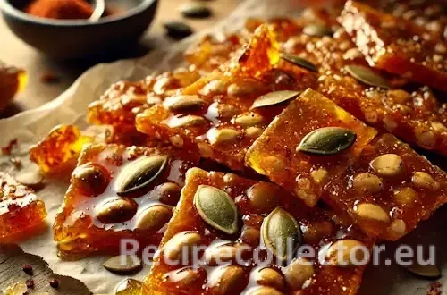 Close-up of spicy pepita brittle pieces on parchment paper, showing golden caramel color, glossy texture, and embedded pumpkin seeds, with a warm rustic kitchen background.