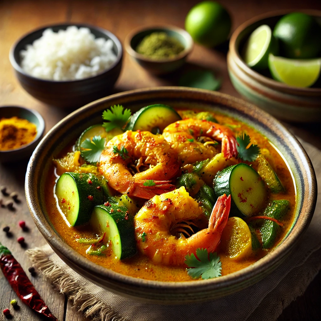 A beautifully plated Spicy Prawn and Cucumber Curry, featuring tender prawns cooked in a rich, aromatic curry sauce with chunks of fresh cucumber. The dish has a vibrant golden hue from turmeric, chili, and warm spices. It is garnished with fresh coriander and served in a rustic ceramic bowl. A side of steamed rice and lime wedges accompany the dish. The bowl rests on a wooden table, with soft, warm lighting enhancing the inviting and flavorful presentation.