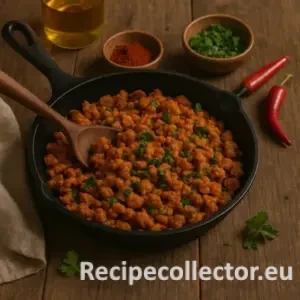 A cast iron skillet filled with golden-brown spicy seitan crumbles, garnished with fresh herbs and surrounded by chili peppers, paprika, and parsley on a rustic wooden table. A wooden spoon rests in the pan, evoking a warm, homemade feel.