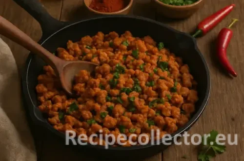 A cast iron skillet filled with golden-brown spicy seitan crumbles, garnished with fresh herbs and surrounded by chili peppers, paprika, and parsley on a rustic wooden table. A wooden spoon rests in the pan, evoking a warm, homemade feel.