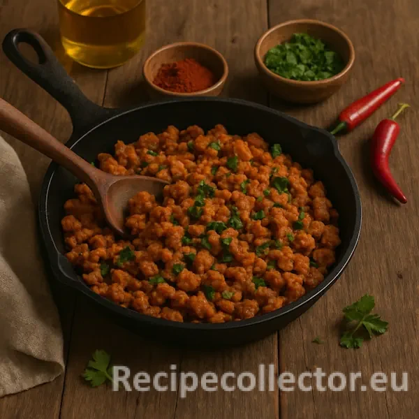 A cast iron skillet filled with golden-brown spicy seitan crumbles, garnished with fresh herbs and surrounded by chili peppers, paprika, and parsley on a rustic wooden table. A wooden spoon rests in the pan, evoking a warm, homemade feel.