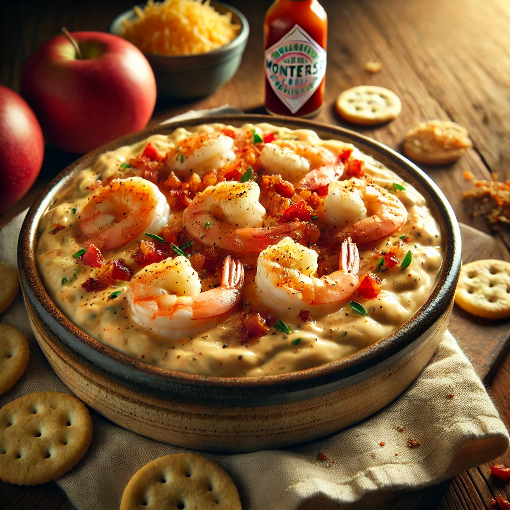 A rustic ceramic bowl of spicy shrimp and cheese dip is topped with crumbled crispy bacon, small shrimp, and chopped tomatoes. The creamy dip features flecks of melted Monterey Jack cheese and is garnished with a sprinkle of black pepper and a hint of Tabasco sauce. Surrounding the bowl are crispy crackers, fresh apple slices, and a folded linen napkin, all arranged on a wooden table.