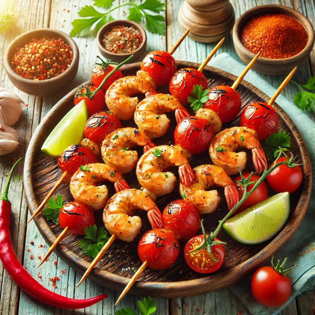 A plate of spicy shrimp and cherry tomato skewers, grilled to perfection with light charring, arranged on a rustic wooden plate. The skewers are garnished with fresh parsley and lime wedges, with a drizzle of spicy sauce. The setting features a light wooden table, small bowls of chili flakes and garlic, and a colorful napkin, bathed in natural bright lighting.