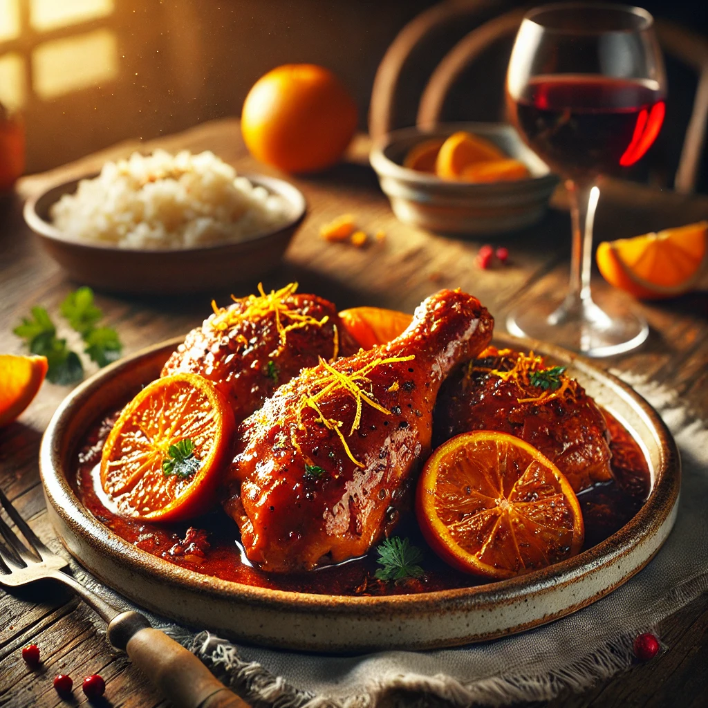 Spicy Slow Cooker Orange Burgundy Chicken on a rustic ceramic plate, featuring slow-cooked chicken thighs in a tangy orange and red wine sauce with a hint of spice. Garnished with orange zest and parsley, set on a wooden table with a side of rice and a glass of red wine in the softly blurred background.