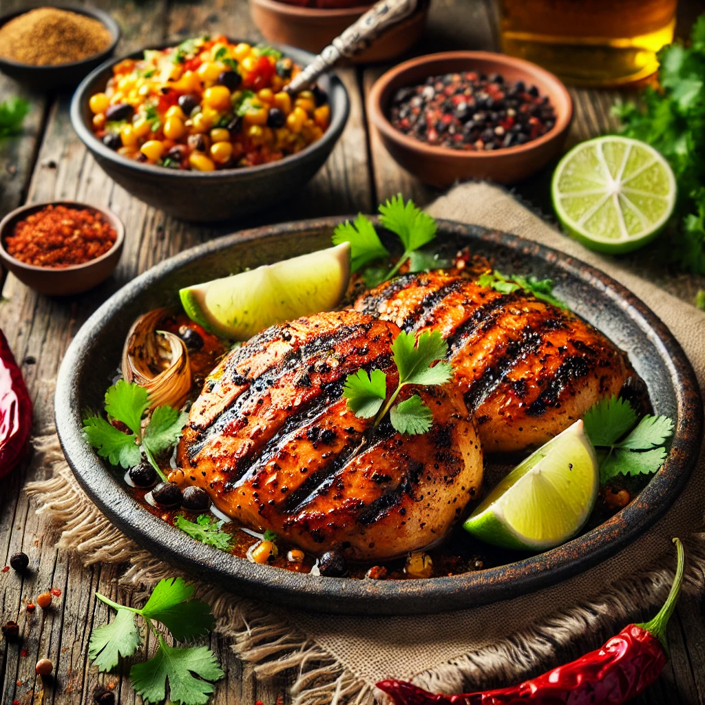Juicy grilled chicken breasts with bold grill marks, coated in smoky Southwest seasoning, garnished with fresh cilantro and lime wedges, served with grilled corn and black bean salsa.