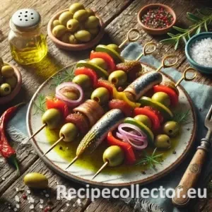 Tapas skewers with olives, peppers, anchovies, and pickles on a rustic wooden table with herbs and sea salt.
