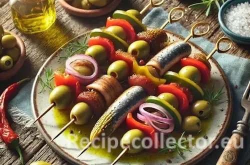Tapas skewers with olives, peppers, anchovies, and pickles on a rustic wooden table with herbs and sea salt.