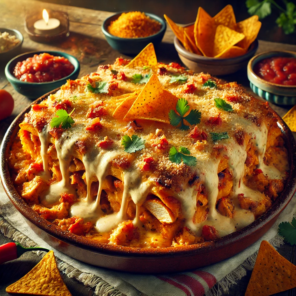 A beautifully plated Spicy Tex-Mex Chicken Casserole, featuring layers of crispy Doritos, creamy cheese sauce, tender chicken, and Rotel tomatoes. The top is golden brown and bubbly, with melted cheese cascading over the edges. A sprinkle of crushed Doritos and fresh cilantro garnish the dish for a pop of color. The casserole is served in a rustic ceramic dish, placed on a wooden table with a side of salsa and sour cream. Warm, inviting lighting highlights the rich textures and bold flavors.