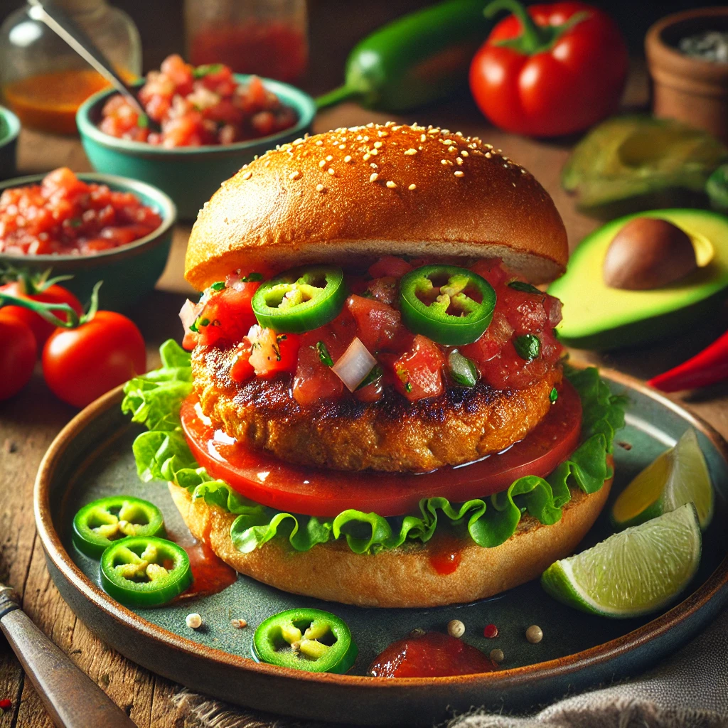 Juicy, well-seasoned turkey burger patties with a slightly charred exterior, topped with fresh homemade salsa, served in toasted whole wheat buns with lettuce and avocado.