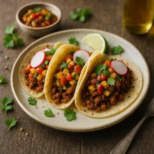 English alt text: A 600×600 photoreal pesto-style image—three corn tortillas filled with spicy vegan chorizo and roasted veggie salsa (tomato, corn, peppers, onion), garnished with cilantro and radish slices on a matte off-white ceramic plate; soft side/back light, shallow depth-of-field, natural crumbs; placed on the same rustic plank wooden table as the reference; no text on the image.