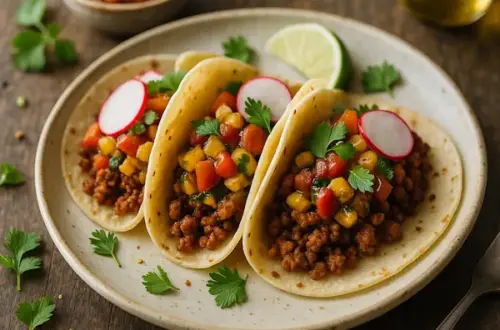 English alt text: A 600×600 photoreal pesto-style image—three corn tortillas filled with spicy vegan chorizo and roasted veggie salsa (tomato, corn, peppers, onion), garnished with cilantro and radish slices on a matte off-white ceramic plate; soft side/back light, shallow depth-of-field, natural crumbs; placed on the same rustic plank wooden table as the reference; no text on the image.