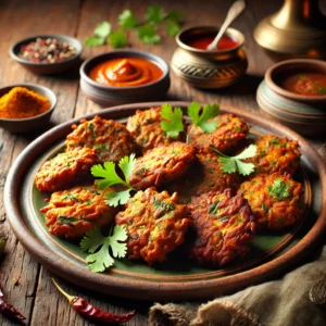 A beautifully plated dish of Pakoris, featuring crispy, golden-brown vegetable fritters made with a spiced chickpea flour batter. The pakoris are arranged on a rustic ceramic plate, garnished with fresh coriander. A small bowl of tamarind chutney sits beside them for dipping. The plate rests on a wooden table, with a few scattered spices and a side of masala chai. Soft, warm lighting enhances the inviting and flavorful presentation.