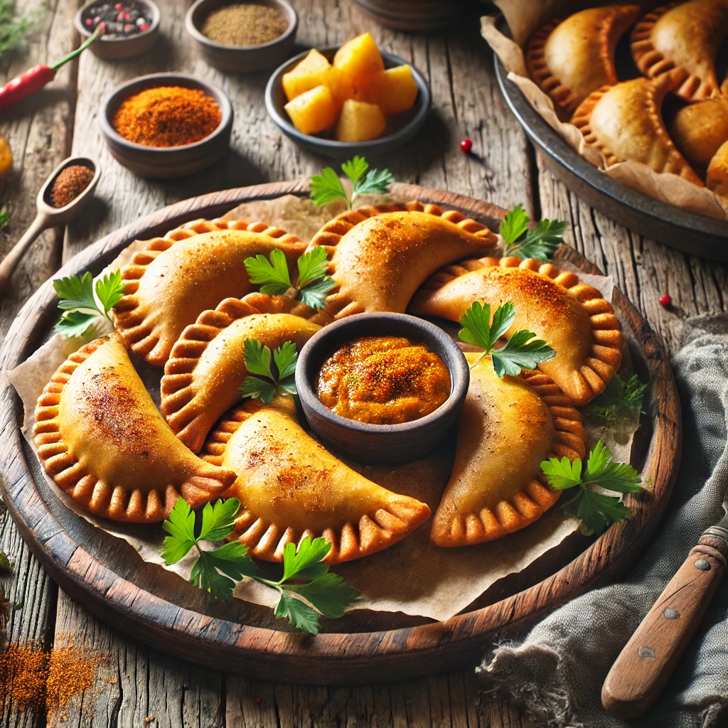 Spicy Empanadas arranged on a rustic wooden serving platter, golden brown with crisp edges. The dish is styled with a small bowl of dipping sauce, fresh parsley, and a sprinkle of cayenne pepper. Surrounding the platter are fresh ingredients like cubed potatoes, curry powder, and a linen napkin, illuminated by soft natural lighting for a warm and inviting presentation.