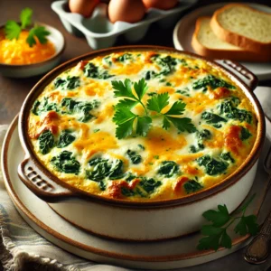 A beautifully plated Spinach, Cheese, and Egg Casserole, featuring a golden, cheesy top with vibrant green spinach throughout. The casserole is creamy and fluffy, with layers of melted Cheddar cheese and a smooth cottage cheese and cream cheese filling. It is served in a rustic ceramic baking dish, garnished with freshly chopped parsley. The dish is placed on a wooden table, accompanied by a side of toasted bread. Soft, warm lighting enhances the cozy and inviting breakfast presentation